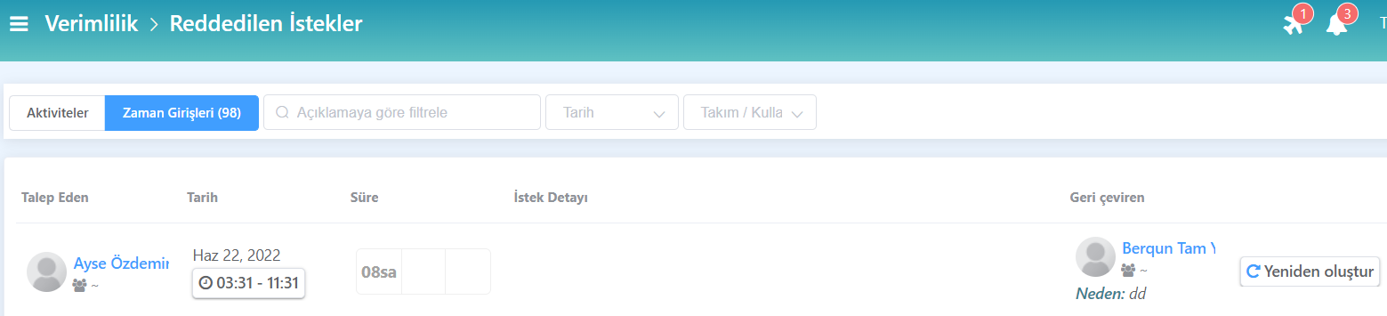Reddedilen istekler listesi